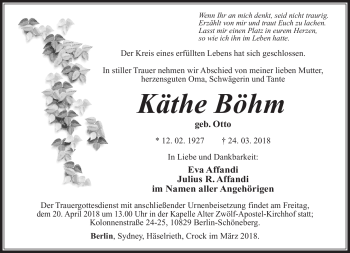 Traueranzeige von Käthe Böhm von Südthüringer Presse
