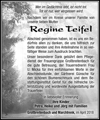 Traueranzeige von Regine Teifel von Südthüringer Presse