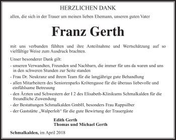 Traueranzeige von Franz Gerth von Südthüringer Presse