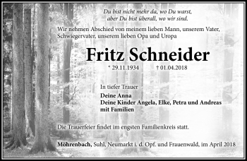 Traueranzeige von Fritz Schneider von Südthüringer Presse