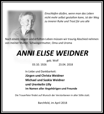 Traueranzeige von Anni Elise Weidner von Südthüringer Presse