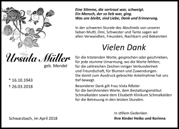 Traueranzeige von Ursula Müller von Südthüringer Presse