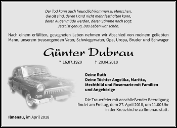 Traueranzeige von Günter Dubrau von Südthüringer Presse