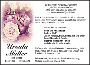 Traueranzeige von Ursula Müller von Südthüringer Presse