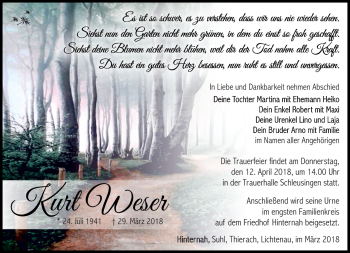 Traueranzeige von Kurt Weser von Südthüringer Presse