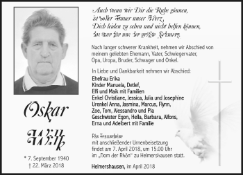 Traueranzeige von Oskar Wilk von Südthüringer Presse