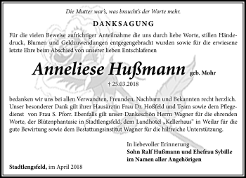 Traueranzeige von Anneliese Hußmann von Südthüringer Presse