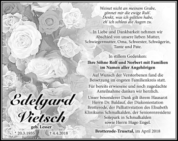 Traueranzeige von Edelgard Vietsch von Südthüringer Presse