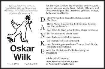 Traueranzeige von Oskar Wilk von Südthüringer Presse