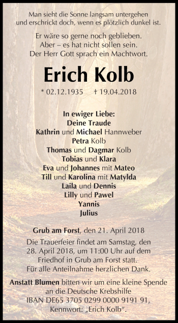 Traueranzeige von Erich Kolb von Neue Presse Coburg
