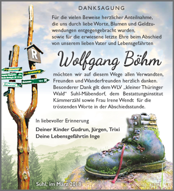 Traueranzeige von Wolfgang Böhm von Südthüringer Presse