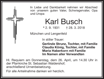 Traueranzeige von Karl Busch von Frankenpost