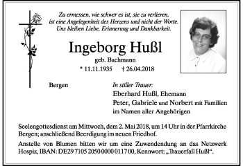 Traueranzeige von Ingeborg Hußl von Frankenpost