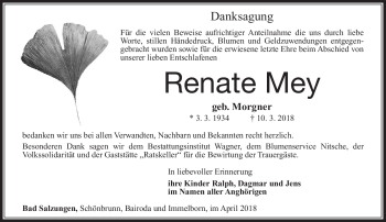 Traueranzeige von Renate Mey von Südthüringer Presse