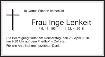Traueranzeige von Inge Lenkeit von Frankenpost