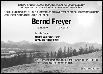 Traueranzeige von Bernd Freyer von Südthüringer Presse
