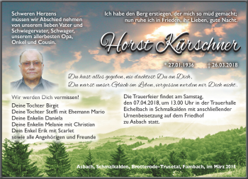 Traueranzeige von Horst Kürschner von Südthüringer Presse
