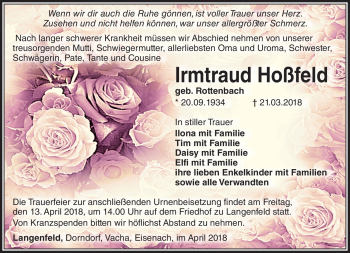 Traueranzeige von Irmtraud Hoßfeld von Südthüringer Presse