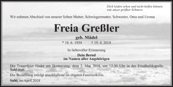 Traueranzeige von Freia Greßler von Südthüringer Presse