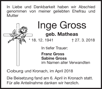 Traueranzeige von Inge Gross von Neue Presse Coburg