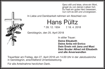 Traueranzeige von Hans Pültz von Frankenpost