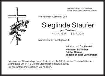 Traueranzeige von Sieglinde Staufer von Frankenpost