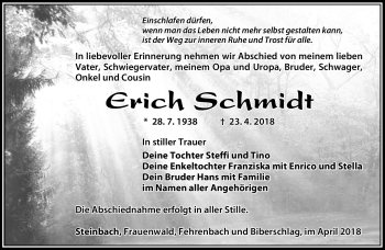 Traueranzeige von Erich Schmidt von Südthüringer Presse