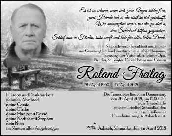 Traueranzeige von Roland Freitag von Südthüringer Presse