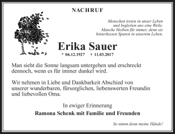 Traueranzeige von Erika Sauer von Südthüringer Presse