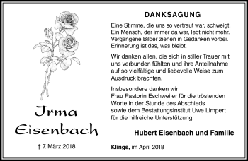 Traueranzeige von Irma Eisenbach von Südthüringer Presse
