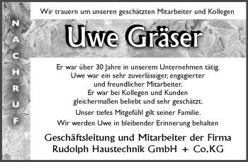 Traueranzeige von Uwe Gräser von Südthüringer Presse
