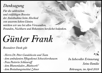 Traueranzeige von Günter Frank von Südthüringer Presse