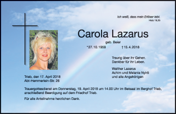 Traueranzeige von Carola Lazarus von Neue Presse Coburg