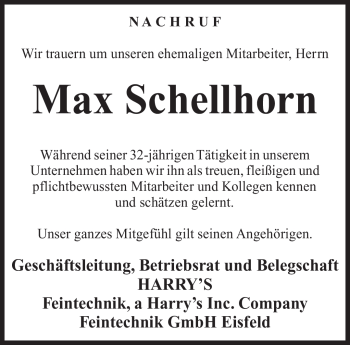 Traueranzeige von Max Schellhorn von Südthüringer Presse