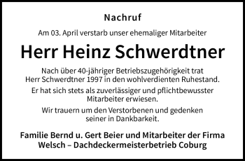 Traueranzeige von Heinz Schwerdtner von Neue Presse Coburg