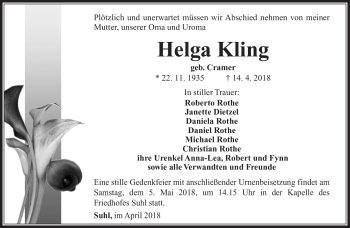 Traueranzeige von Helga Kling von Südthüringer Presse