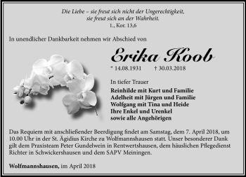 Traueranzeige von Erika Koob von Südthüringer Presse