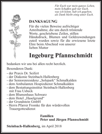 Traueranzeige von Ingeburg Pfannschmidt von Südthüringer Presse