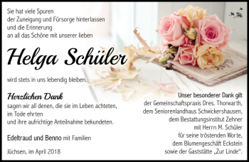Traueranzeige von Helga Schüler von Südthüringer Presse