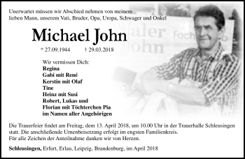 Traueranzeige von Michael John von Südthüringer Presse