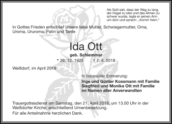 Traueranzeige von Ida Ott von Frankenpost