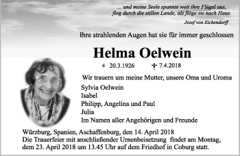 Traueranzeige von Helma Oelwein von Neue Presse Coburg