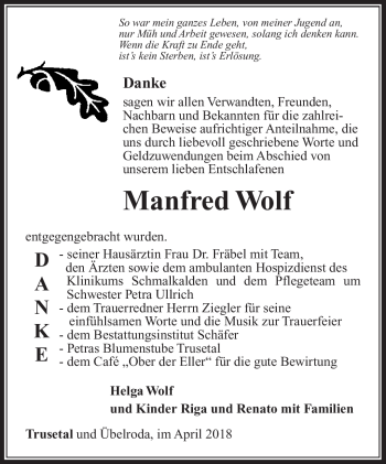 Traueranzeige von Manfred Wolf von Südthüringer Presse