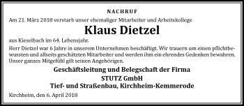 Traueranzeige von Klaus Dietzel von Südthüringer Presse