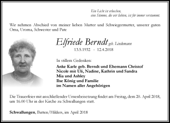 Traueranzeige von Elfriede Berndt von Südthüringer Presse