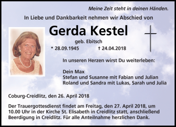 Traueranzeige von Gerda Kestel von Neue Presse Coburg