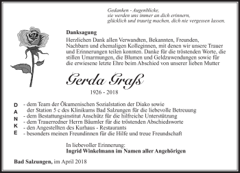 Traueranzeige von Gerda Graß von Südthüringer Presse
