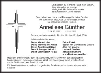 Traueranzeige von Anneliese Günther von Frankenpost