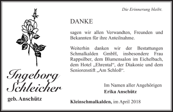 Traueranzeige von Ingeborg Schleicher von Südthüringer Presse