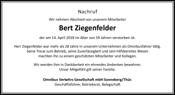 Traueranzeige von B. Ziegenfelder von Südthüringer Presse
